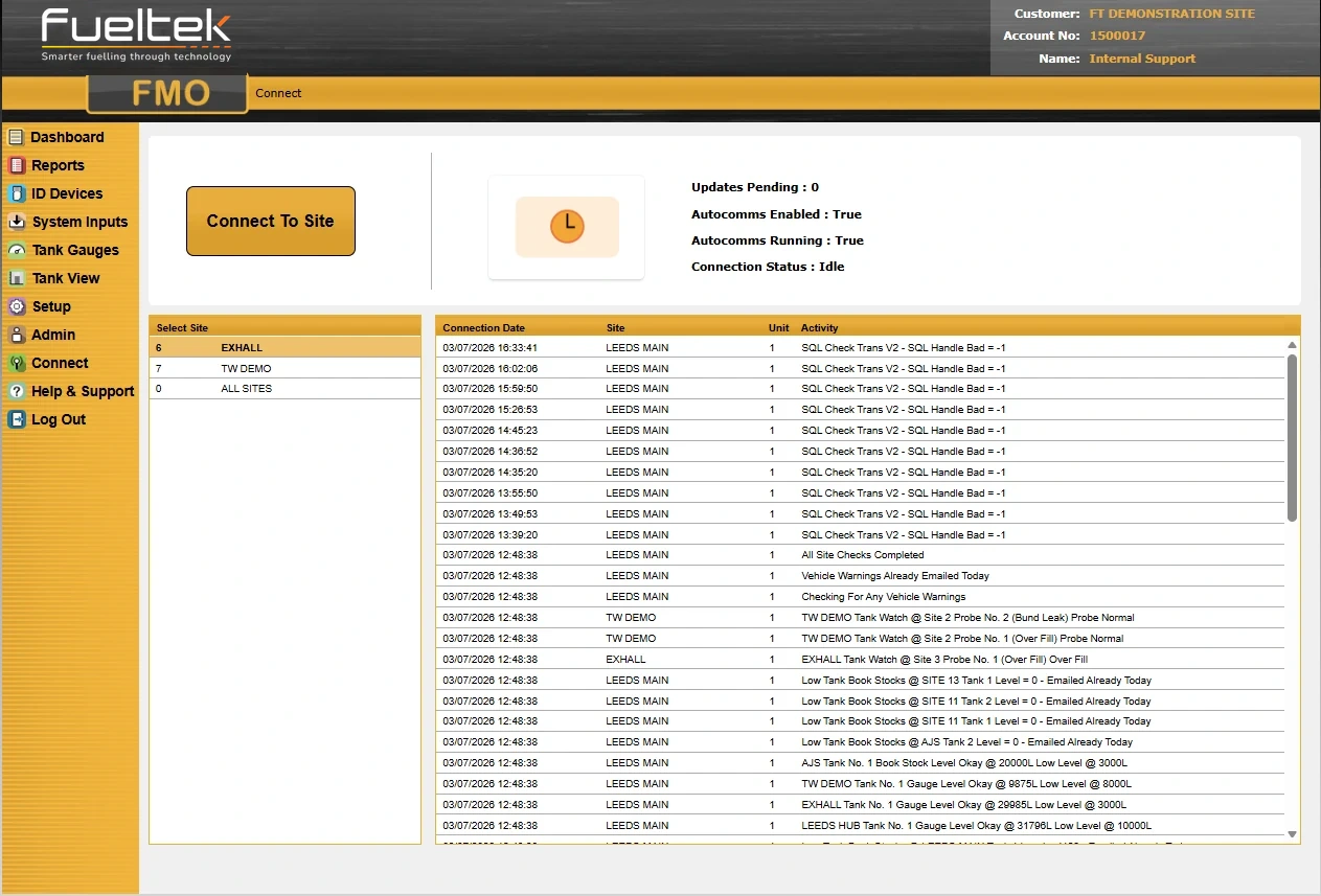 Fueltek FMO Connect screen showing site connection controls, pending updates and communications activity