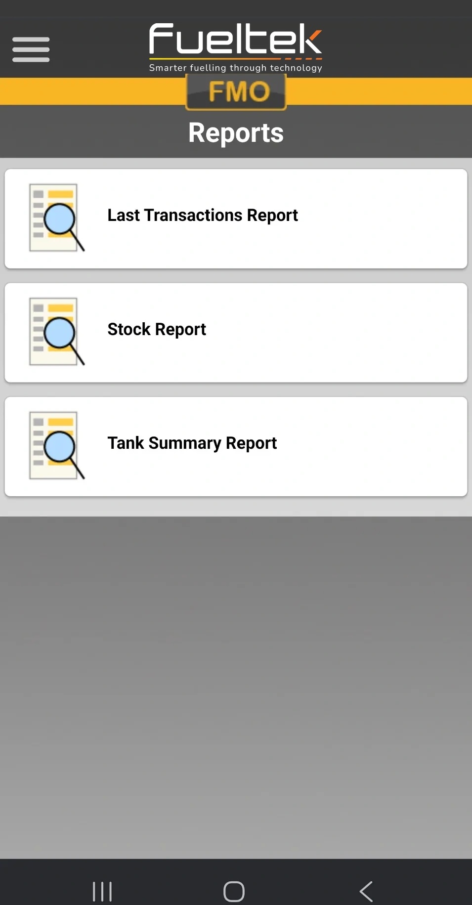 FMO mobile reports screen