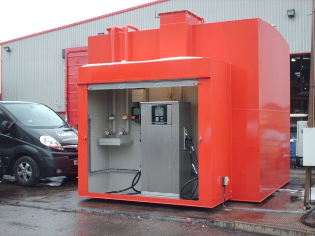 ueltek fuel pump in a red custom made fuel filling station