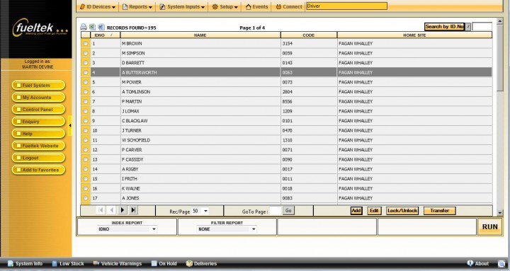 Fueltek fuel management software showing a list of drivers on a computer screen
