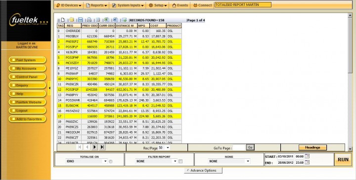 Fueltek fuel management software showing a list of vehicle information with errors