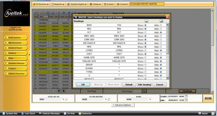 Fueltek fuel management software displaying a list of headers used in reports