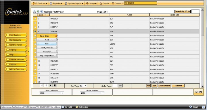 Fueltek fuel management software displaying a list of vehicle information