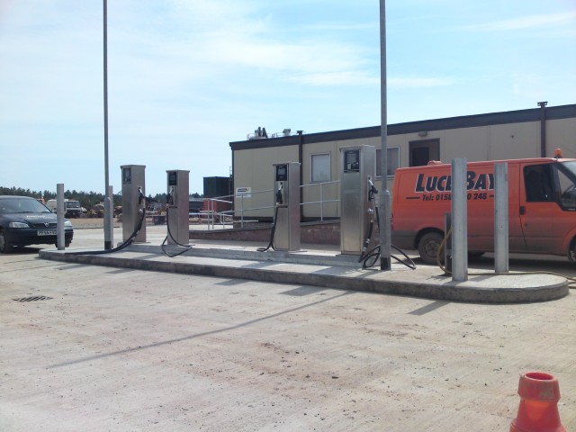 Four fueltek fuel pumps at a custom filling station at Luce Bay plant hire headquarters