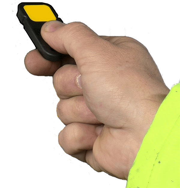 image of hand holding yellow data tag on a white background